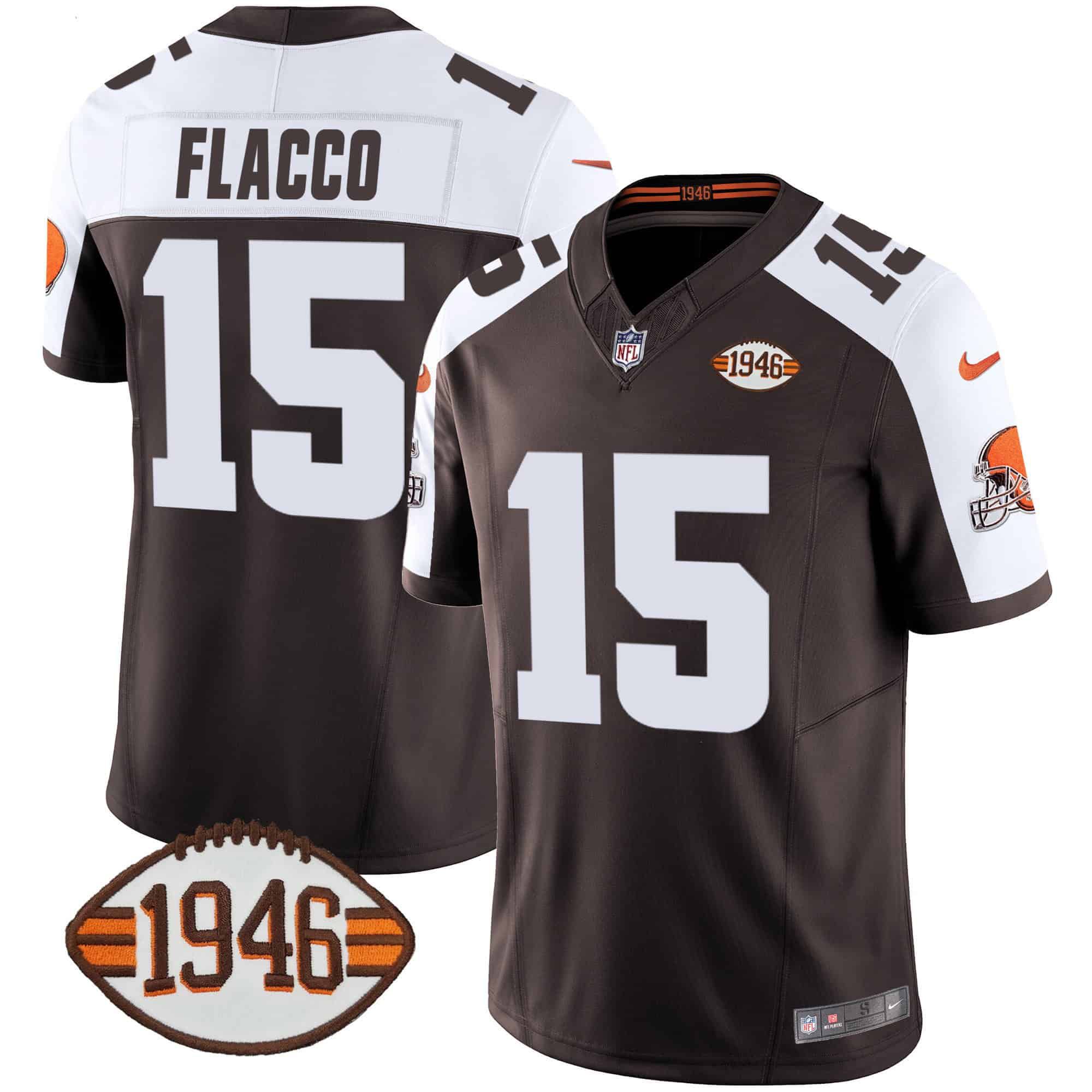 Men Cleveland Browns 15 Flacco Brown 1946 75th Anniversary Patch 2024 Nike NFL Jersey